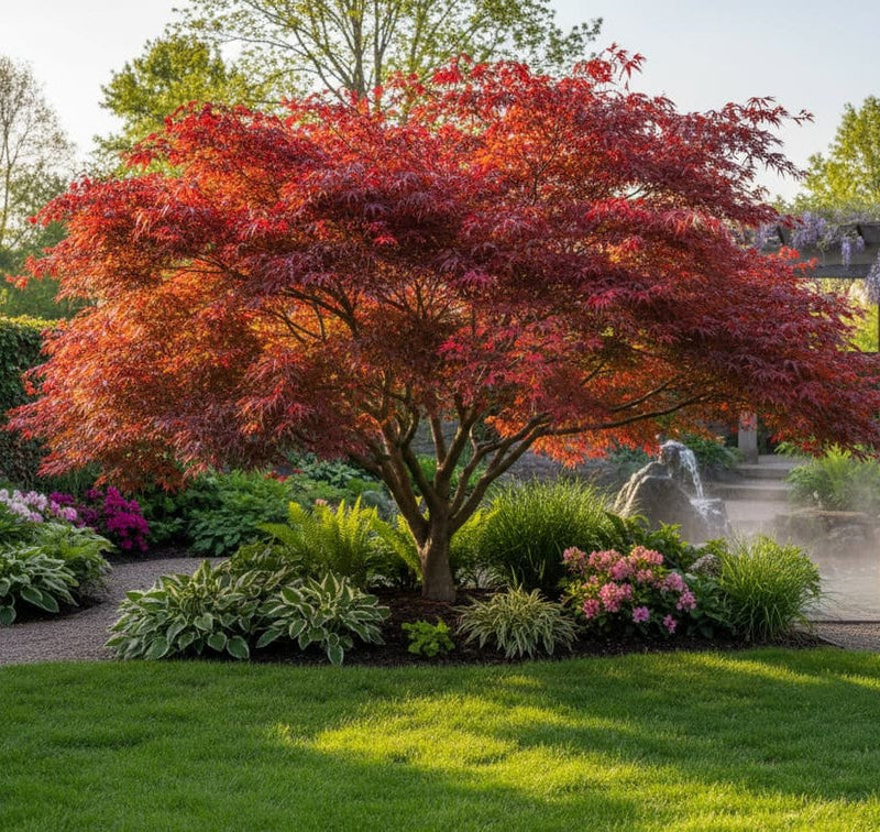 Collectie van Japanse esdoorns met verschillende bladvormen en herfstkleuren in de tuin