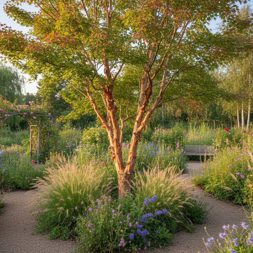 Acer griseum volwassen boom met karakteristieke roodbruine papieren bast
