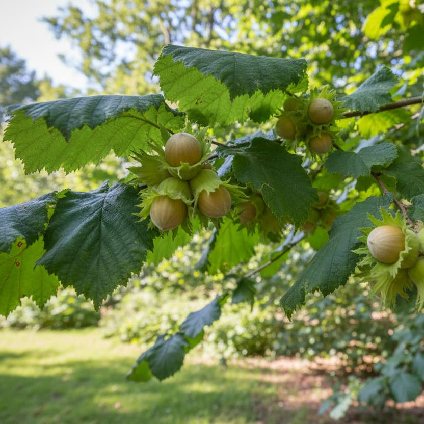 Corylus Halle’sche Riesen hazelnoot met grote rijpe noten aan tak